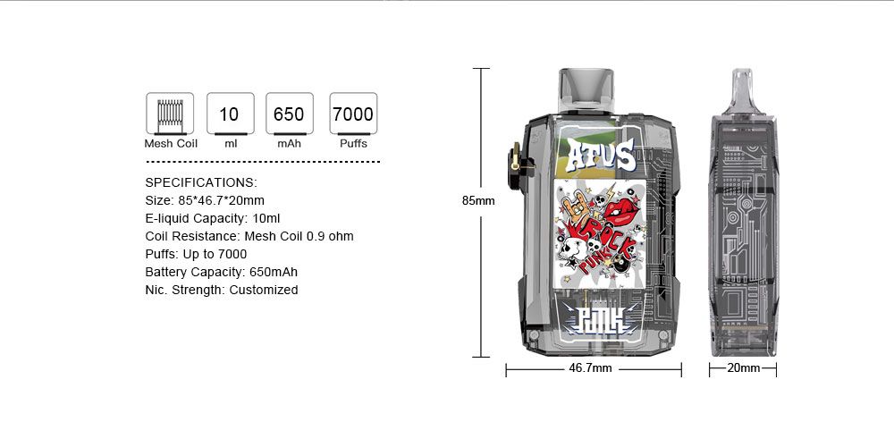 DE012 7000 Puffs Disposable Vape with rechargeable and adjustable airflow ATVS Vape